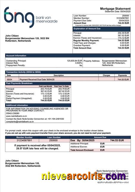 Netherlands Bank Nederlandse Gemeenten mortgage statement Word and PDF template